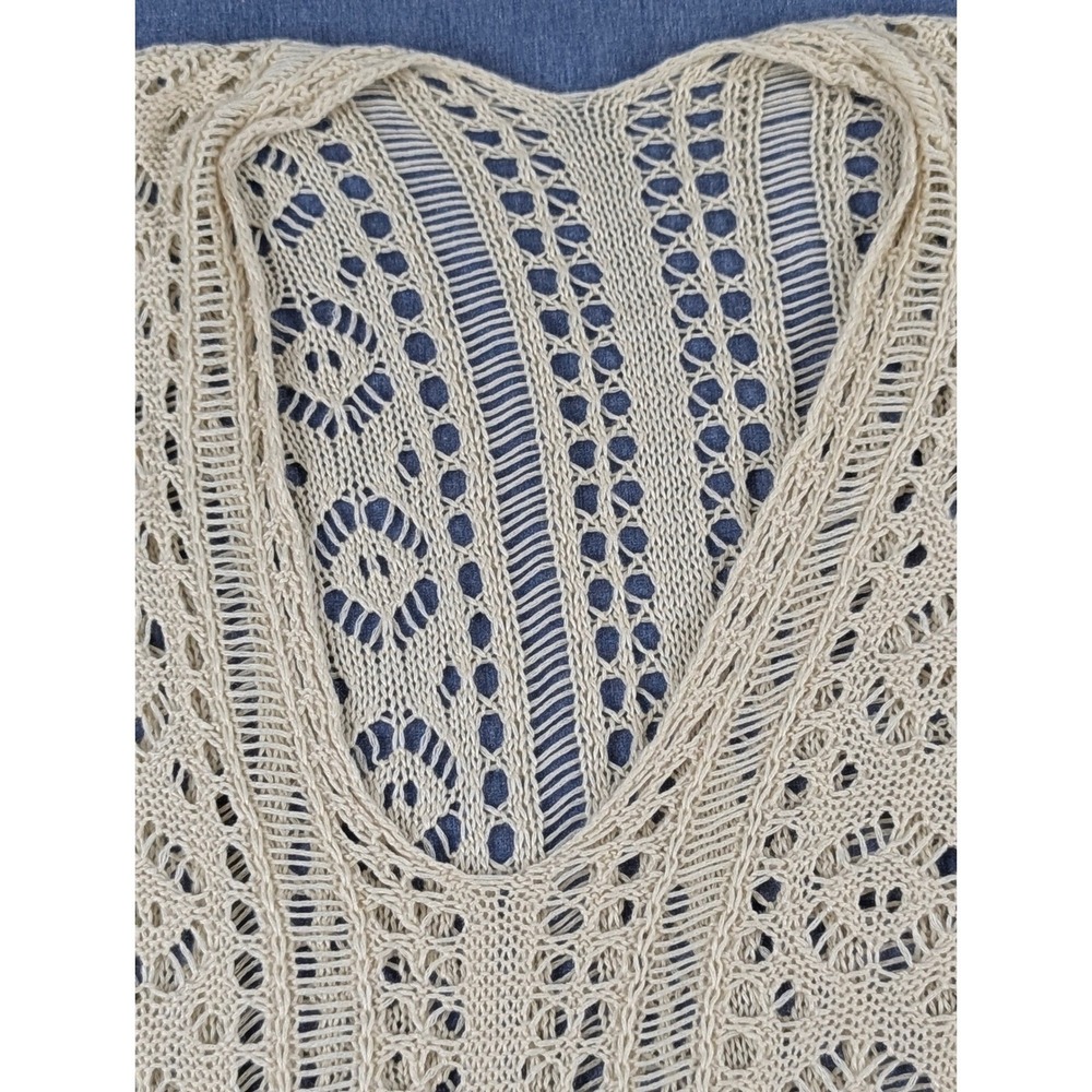 Cream Crochet Knit V-Neck Poncho Top with Side Tassel Ties One Size Boho - Picture 7 of 11